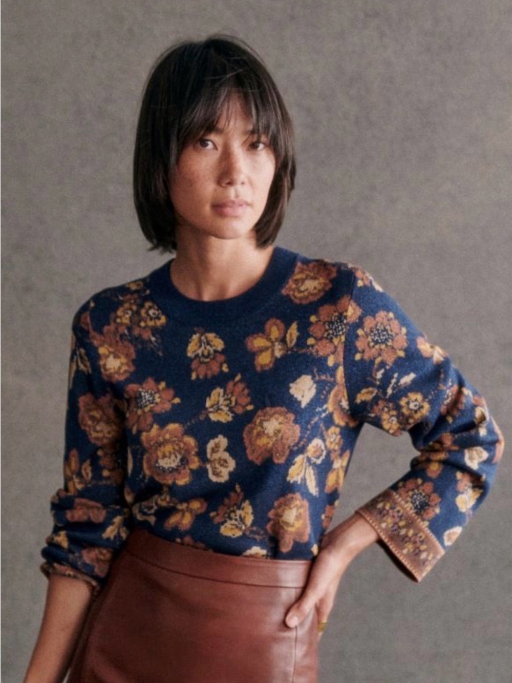 Sezane NWOT Emma Jumper Small Navy Floral Long Sleeve Shimmer Fall